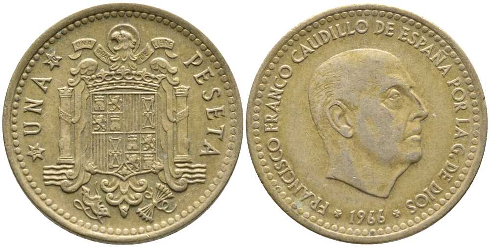 ИСПАНИЯ 1 ПЕСЕТА 1966 (70) ФРАНСИСКО ФРАНКО ДИКТАТОР ИСПАНИИ (1939-1975) KM 796 алюминиевая бронза 110-1242