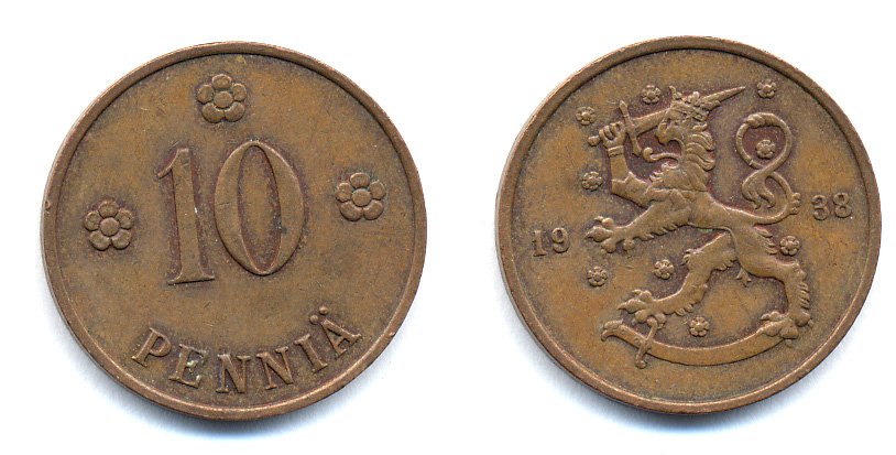 Финляндия 10 пенни 1938 KM 24 медь 51-5645