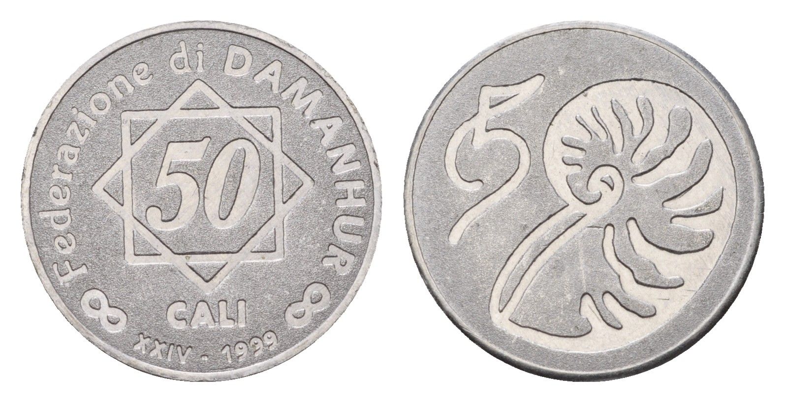 Италия, Даманхура 50 кали 1989 Федерация Даманхура — это коммуна, экопоселение и духовное сообщество, расположенное в регионе Пьемонт на севере Италии, примерно в 50 км к северу от города Турин. Монета является платежным средством данной коммуны X 25 медн