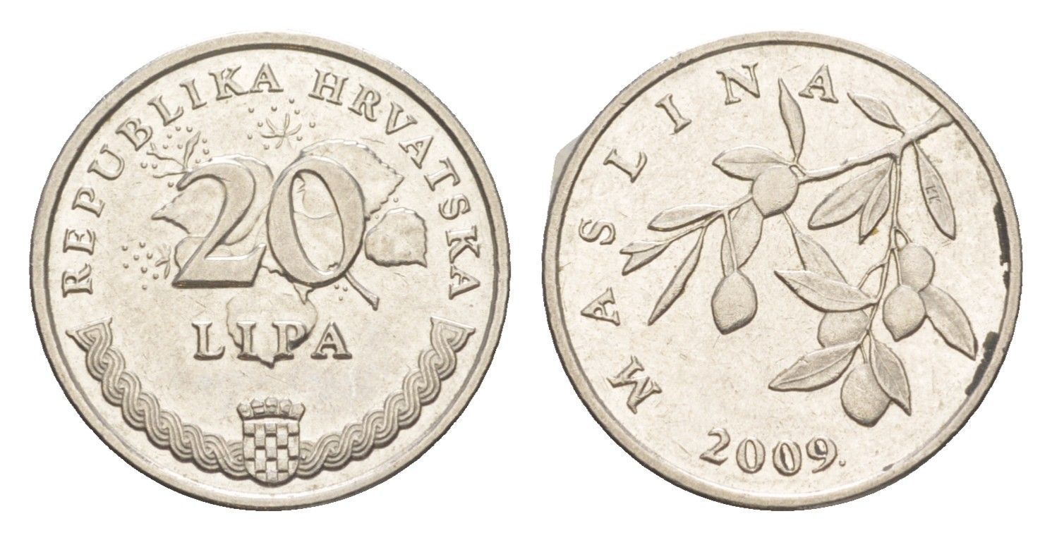 Хорватия 20 липа 2009 нечетный год KM 7 сталь плакированная никелем UNC 4379-352