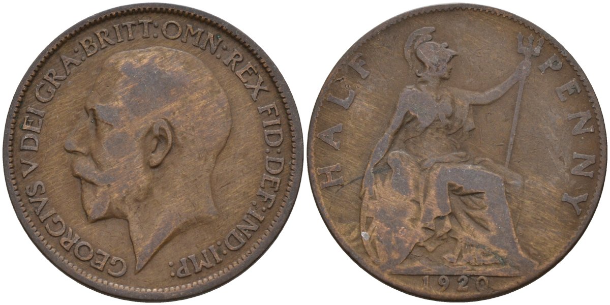 Великобритания 1/2 пенни 1920 Георг V (1910 - 1936) KM 809, Spink 4056 бронза 4146-141