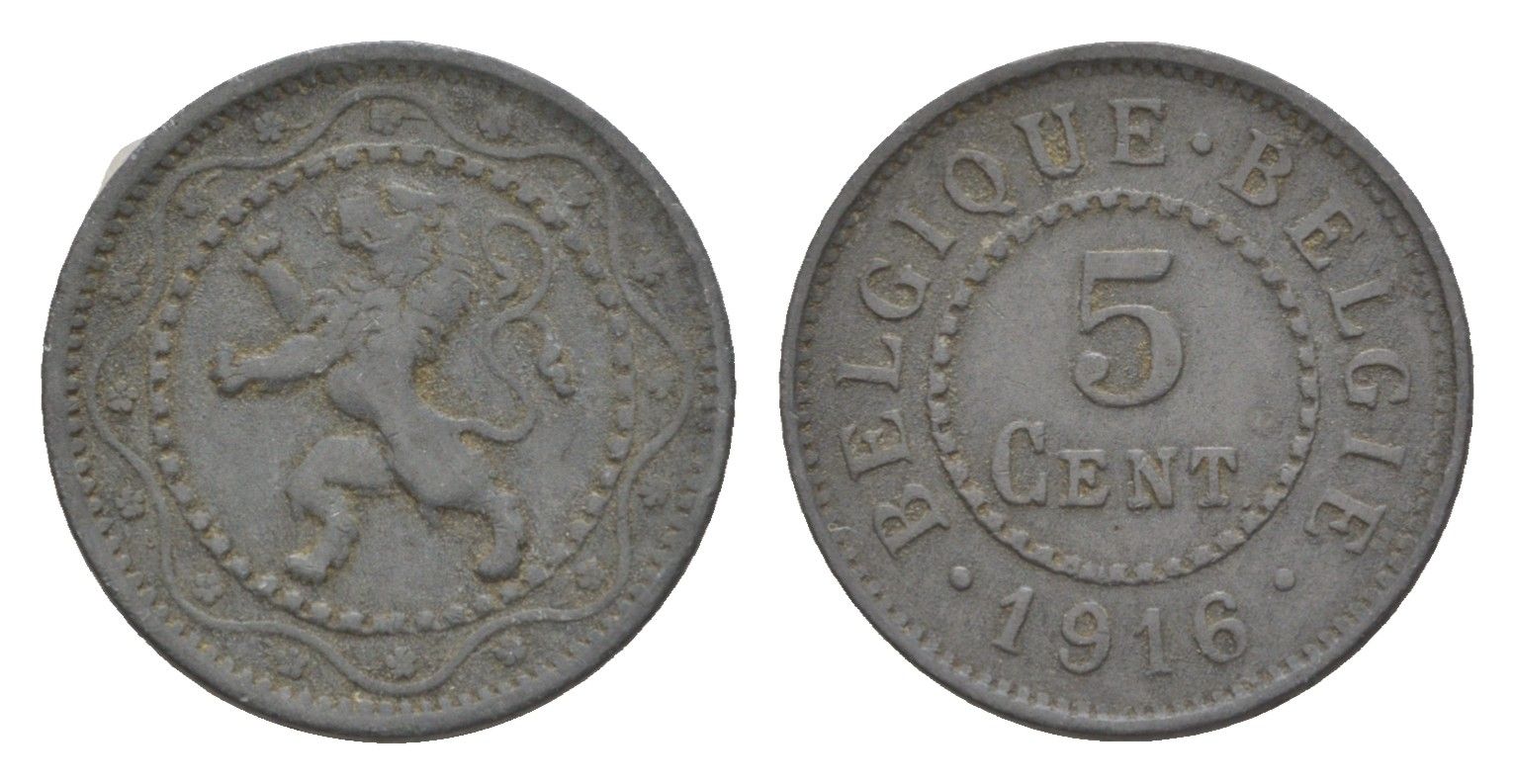 Бельгия 5 сантимов 1916 Belgique-Belgie, германская оккупация, I-ая мировая война KM 80 цинк 4615-433