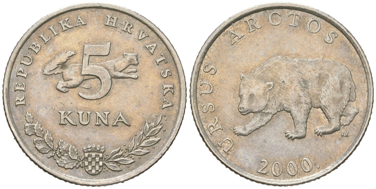 Хорватия 5 кун 2000 бурый медведь, легенда на латинском KM 23 медь цинк никель aUNC 4385-451