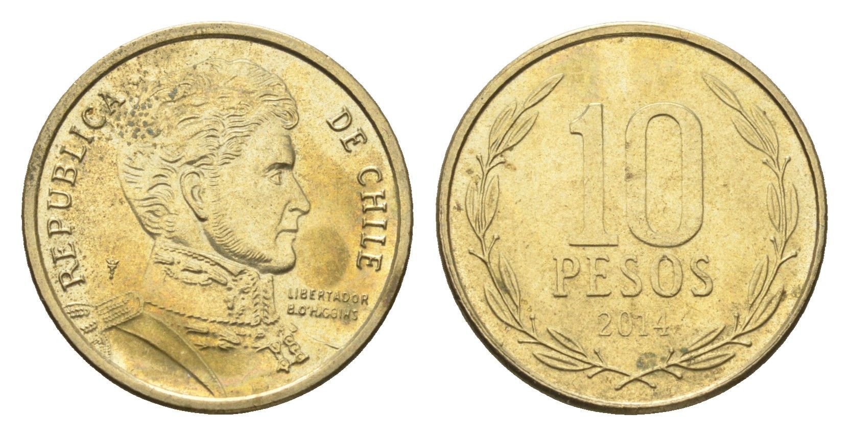 Чили 10 песо 2014 KM 228 никель латунь 4664-441