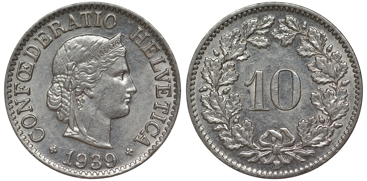 Швейцария 10 раппенов 1939 в KM 27 медно-никель 4128-717