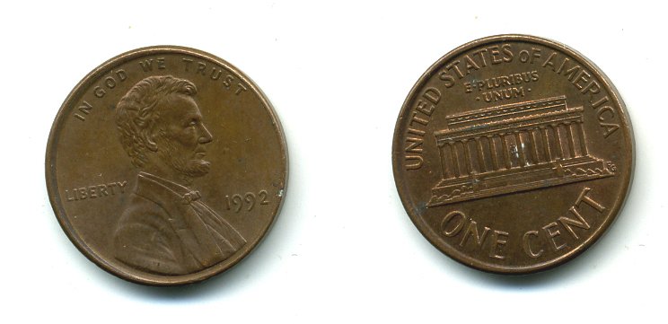 США 1 ЦЕНТ 1992 ЛИНКОЛЬН KM 201b цинк плакированный медью 46-812