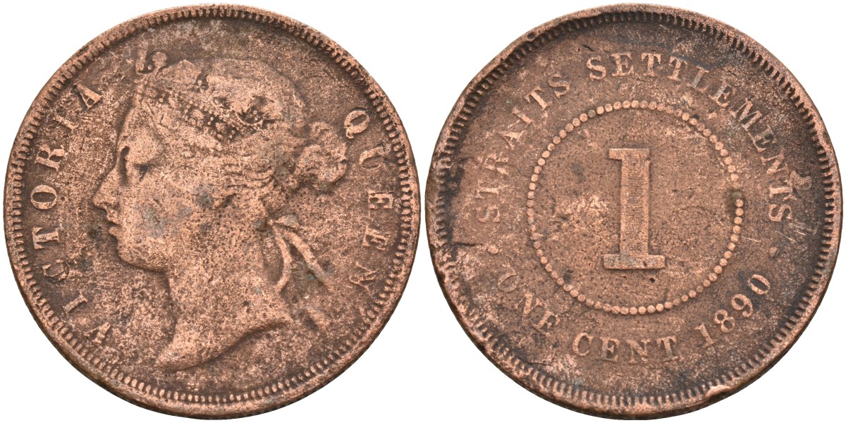 Стрейтс-Сетлментс 1 цент 1890 Виктория (1837-1901), Ост-Индская компания KM 16 бронза 4590-443
