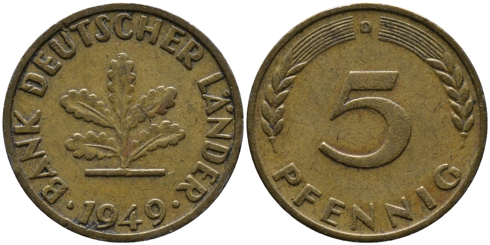 ФРГ 5 ПФЕННИГОВ 1949 D KM 102, J. 377 сталь плакированная латунью 33-156