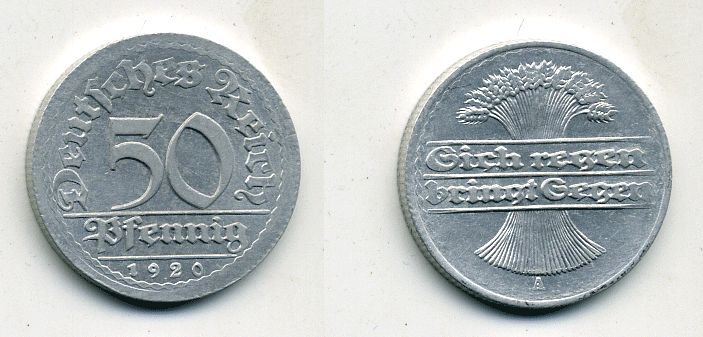 ГЕРМАНИЯ 50 ПФЕННИГОВ 1920 A KM 27, J. 301 алюминий 41-812
