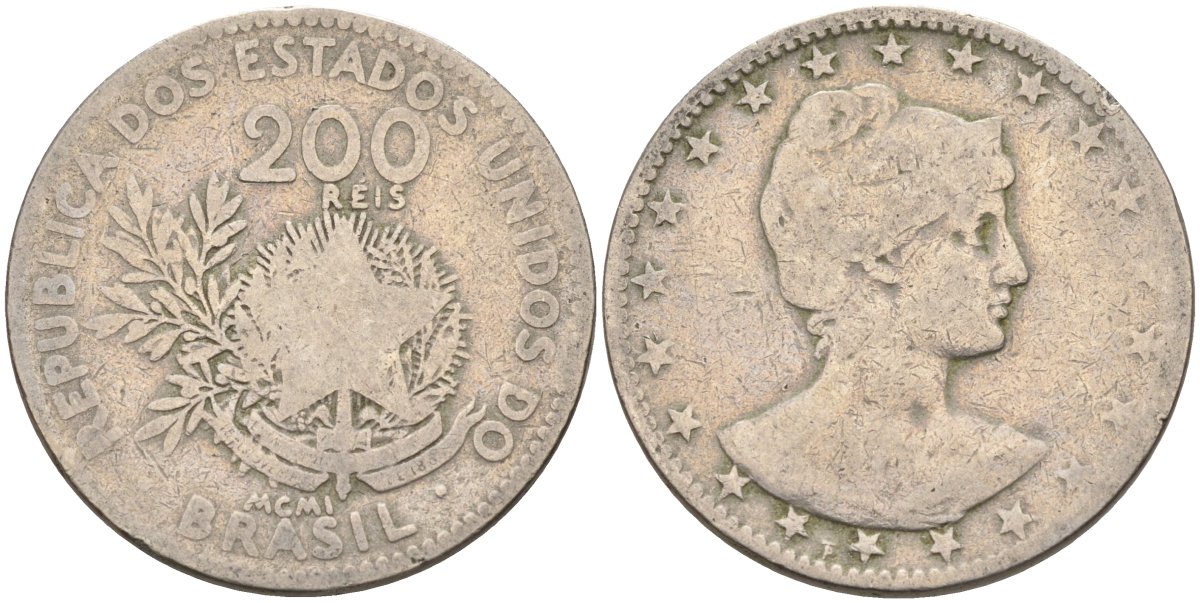 Бразилия 200 рейс 1901 голова свободы вправо KM 504 медно-никель 4589-1043