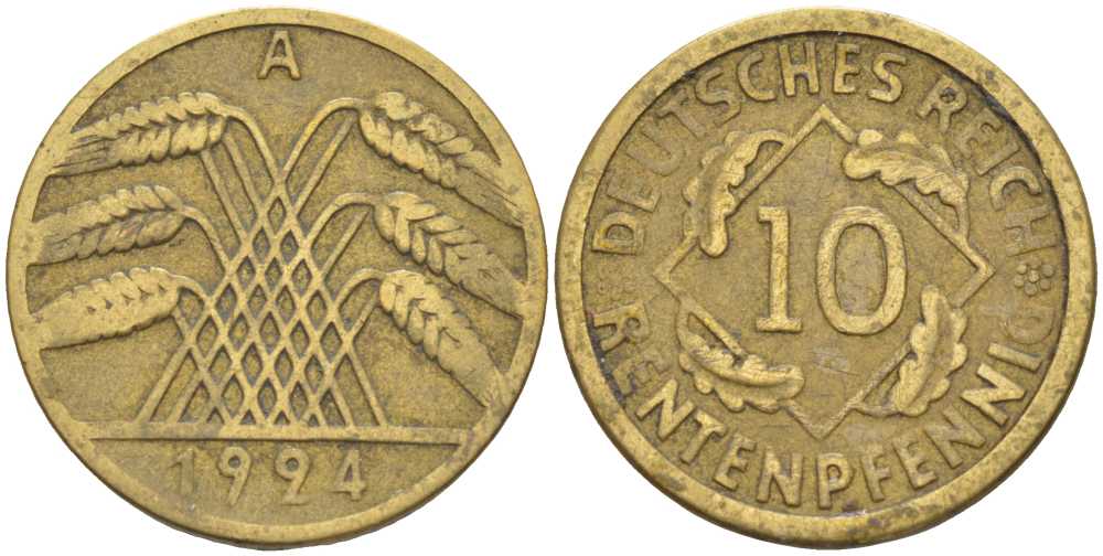 ГЕРМАНИЯ 10 РЕНТЕНПФЕННИГОВ 1924 A KM 33, J. 309, Weege 8 алюминиевая бронза 212-753