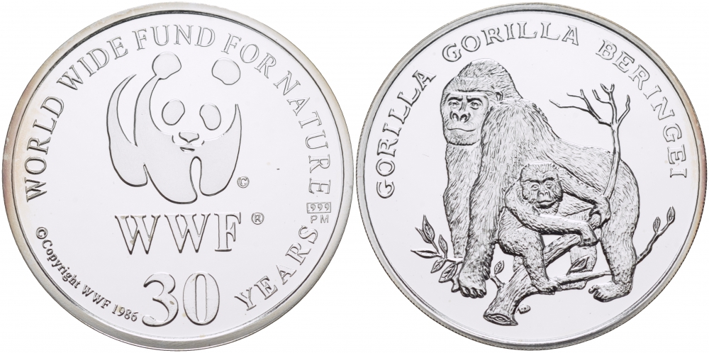 ЕВРОПА МЕДАЛЬ 1986 30 ЛЕТ WWF, ГОРИЛА, GORILLA BERINGEI серебро PROOF 00-00