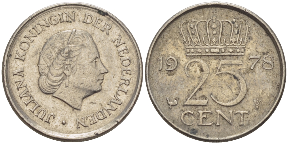 НИДЕРЛАНДЫ 25 ЦЕНТОВ 1978 ЮЛИАНА KM 183 никель 96-713