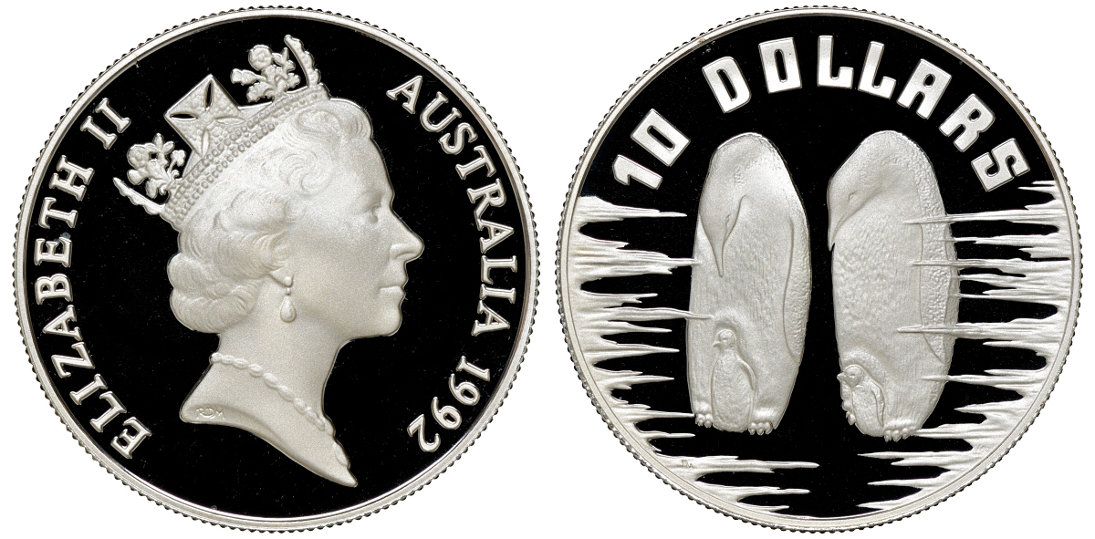 Австралия 10 долларов 1992 императорский пингвин, в оригинальной коробке, с сертификатом KM 192 серебро PROOF 14-01-04-11