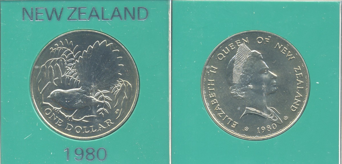 Новая Зеландия 1 доллар 1980 веерохвостка на ветке, Елизавета II (1952-2022), в оригинальной пластиковой упаковке KM 49 медно-никель UNC 3-4-9-20