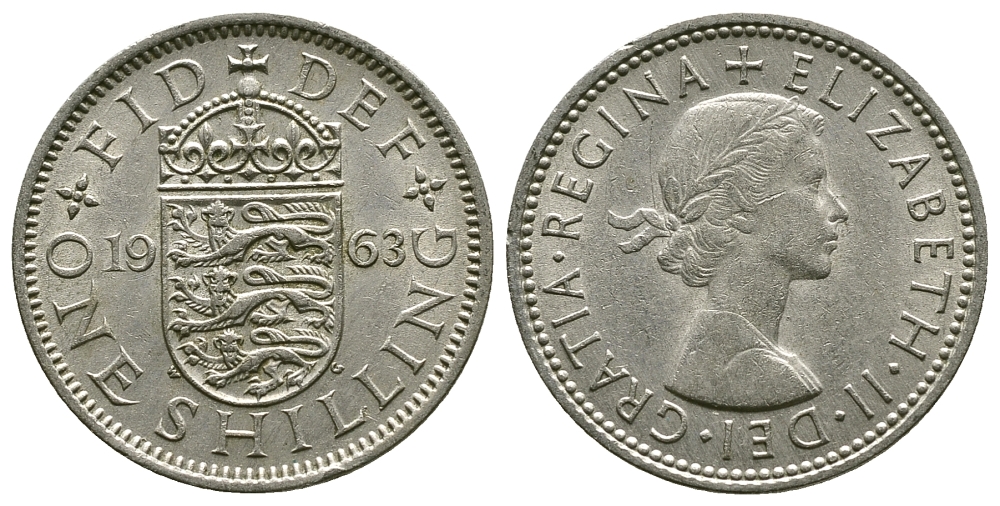 Великобритания 1 шиллинг 1963 Елизавета II (1952-2022), Английский герб KM 904, Spink 4147 медно-никель 4384-511