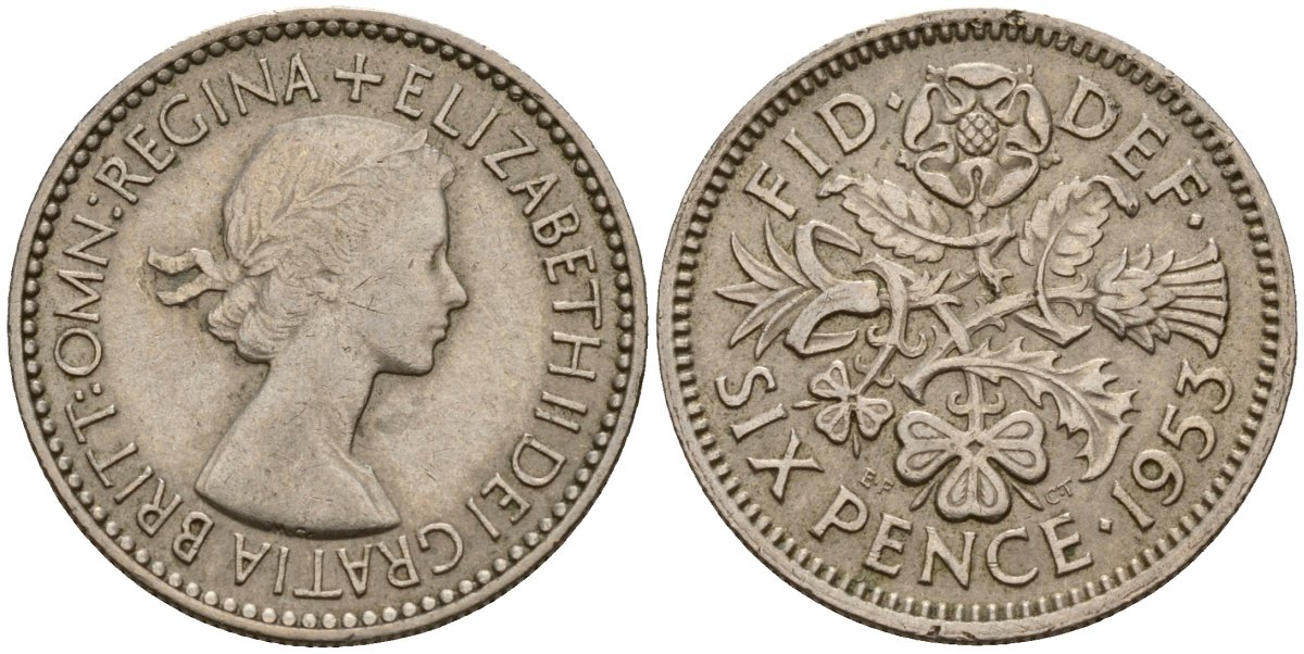 Великобритания 6 пенсов 1953 Елизавета II (1952-2022) KM 889, Spink 4141 медно-никель 4189-842