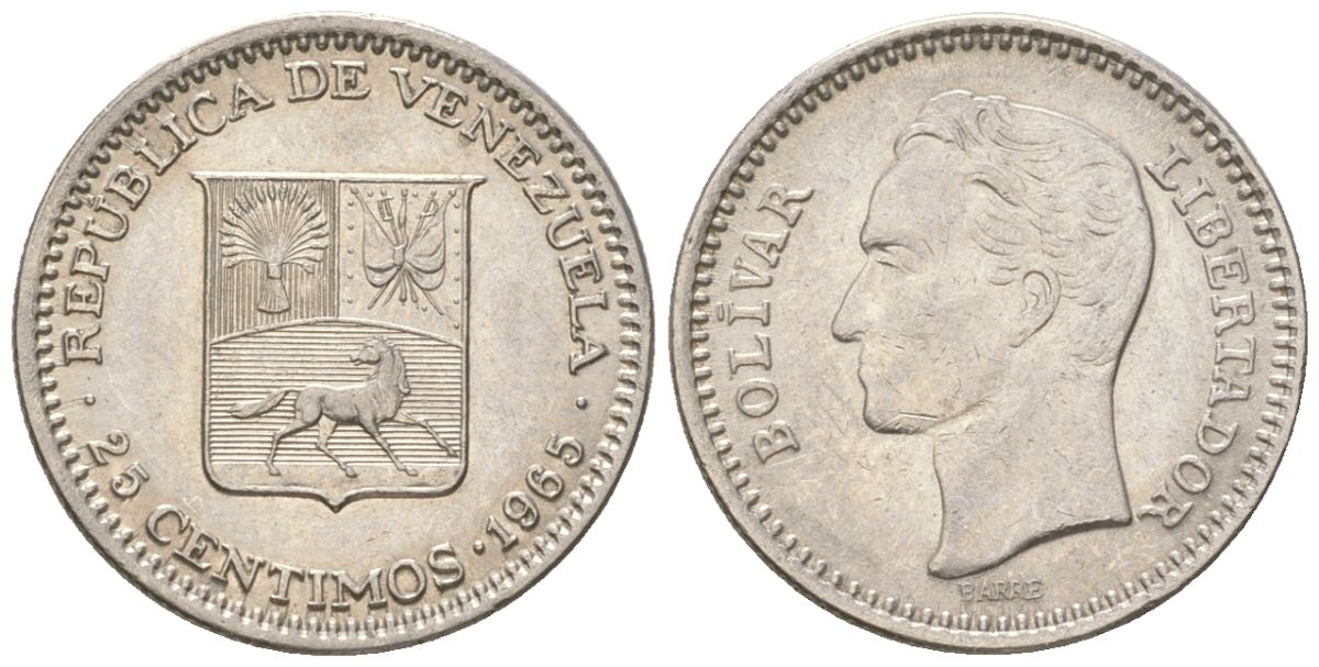 Венесуэла 25 сентимо 1965 Симон Боливар Y 40 никель 4611-833