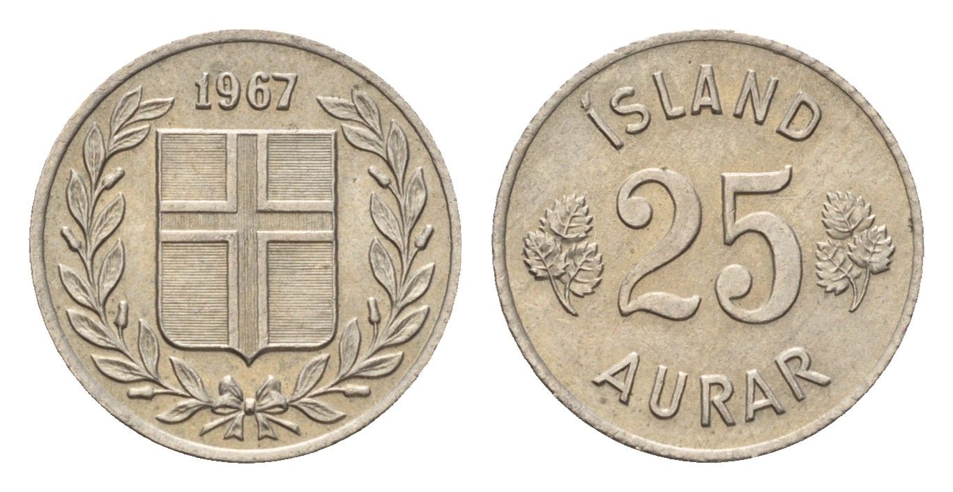 Исландия 25 эйре 1967 KM 11 медно-никель UNC 4690-644
