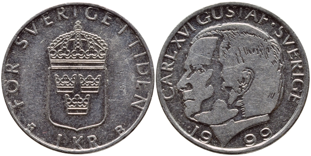 Швеция 1 крона 1999 Карл XVI Густав (1973- ) KM 852a медно-никель 4385-1026