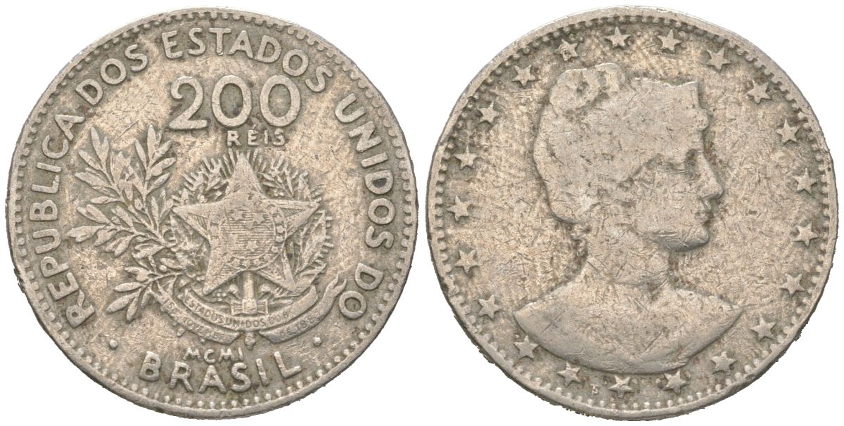 Бразилия 200 реалов 1901 MCMI, голова свободы вправо KM 504 медно-никель 4612-254