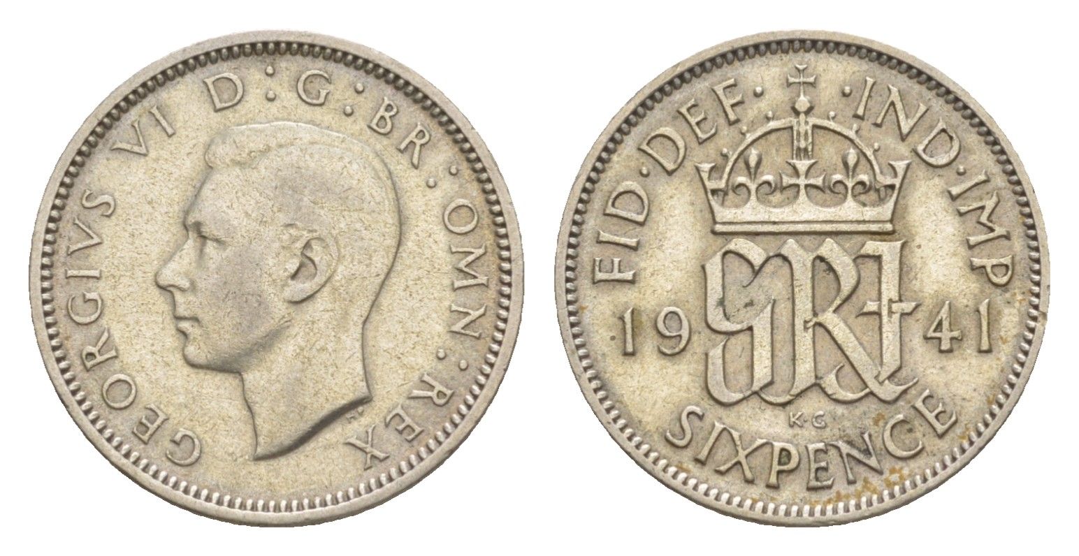 Великобритания 6 пенсов 1941 Георг VI (1936-1952) KM 852, Spink 4084 серебро 4636-233