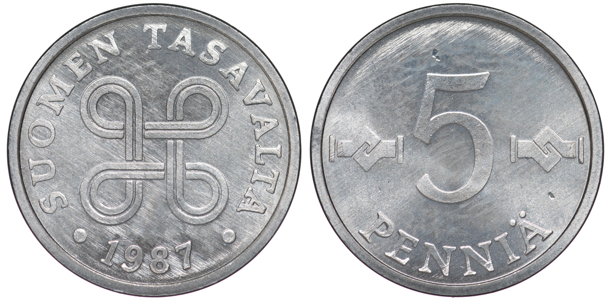 ФИНЛЯНДИЯ 5 ПЕННИ 1987 KM 45а алюминий UNC 3334-1113