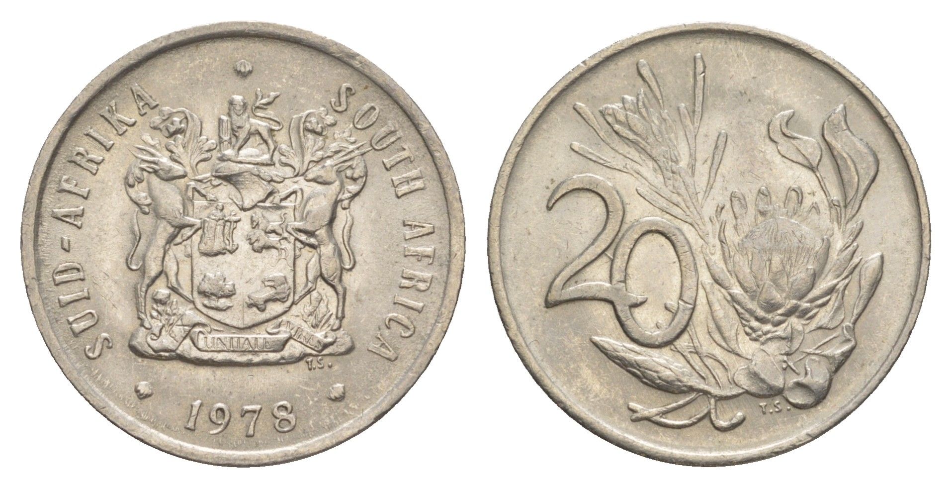 ЮАР 20 центов 1978 герб, цветок протея KM 86 никель 4601-315