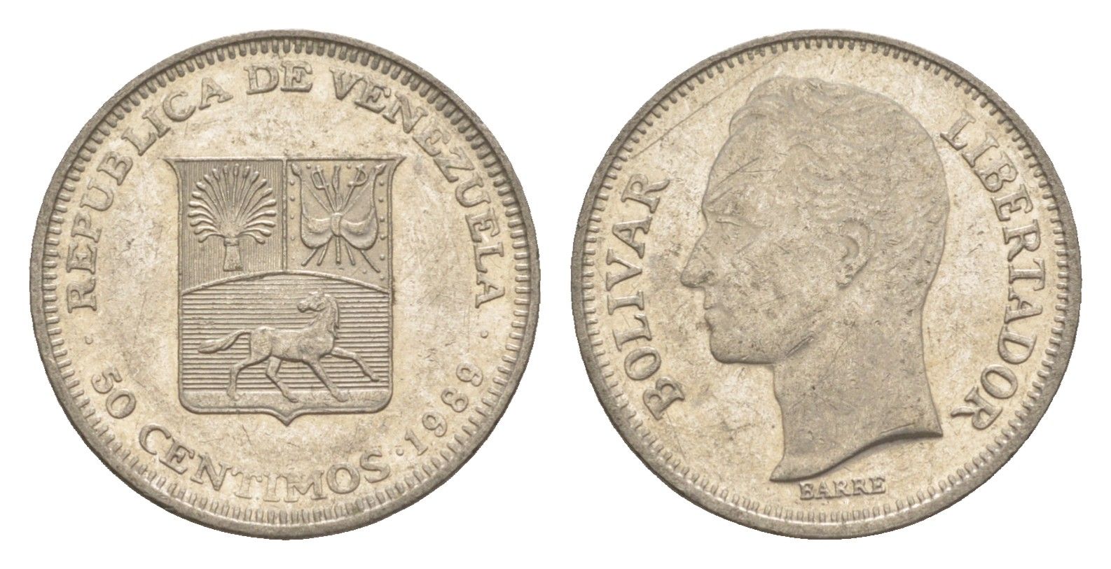 Венесуэла 50 сентимо 1989 Симон Боливар Y 41a сталь плакированная никелем 4584-354