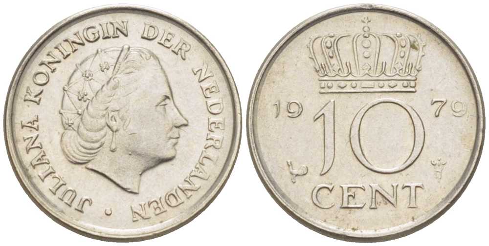 НИДЕРЛАНДЫ 10 ЦЕНТОВ 1979 ЮЛИАНА (1948-1980) KM 182 никель 211-1246