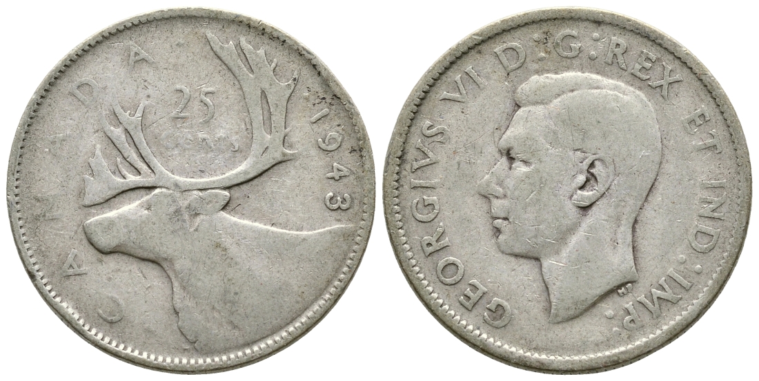 Канада 25 центов 1943 Георг VI (1936-1952), олень KM 35 серебро 93-116