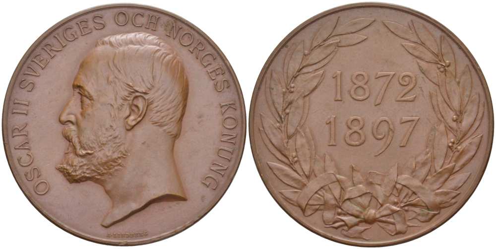 Швеция медаль 1890 серебряный юбилей, 25 лет правления короля Швеции и Норвегии оскара II (1872-1897), медальер Линдберг, диаметр 39 мм., вес 27,89 гр. бронза 1084-2-22