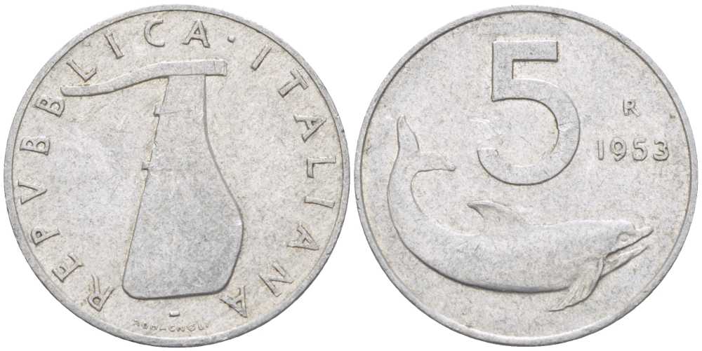 Италия 5 лир 1953 R, дельфин, плуг KM 92 алюминий 31-1034
