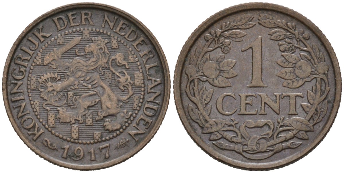Нидерланды 1 цент 1917 Вильгельмина (1890-1948) KM 152 бронза 4576-721