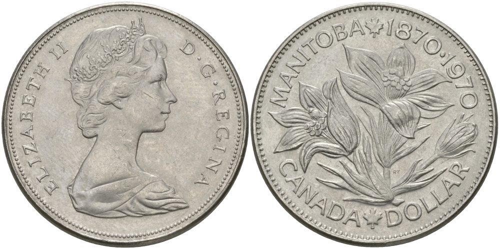 Канада 1 доллар 1970 100 лет со дня присоединения провинции Манитоба (1870-1970) KM 78 никель UNC 97-235