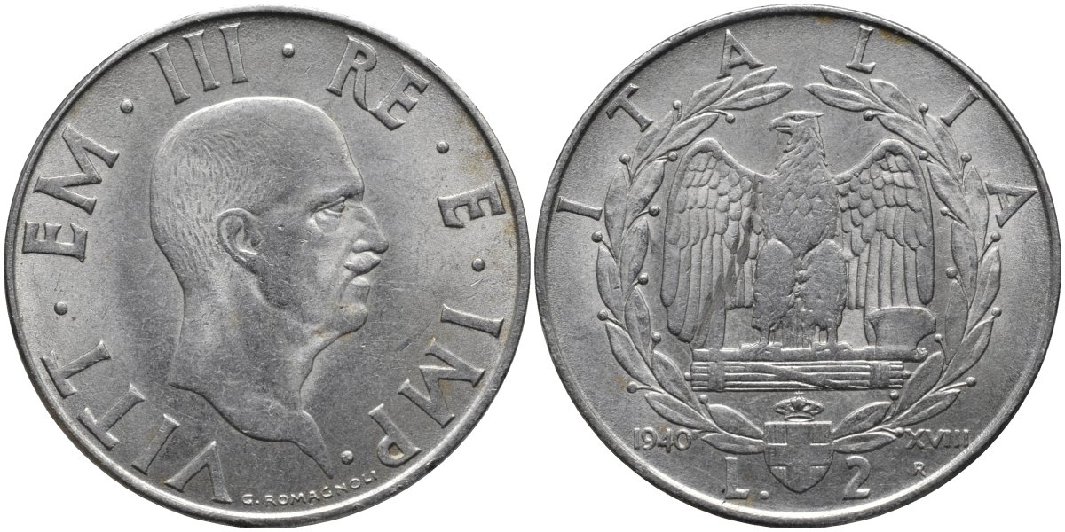 Италия 2 лиры 1940 VIII год, Виктор Эммануил III (1900-1946), магнитная KM 78b нержавеющая сталь 4162-241