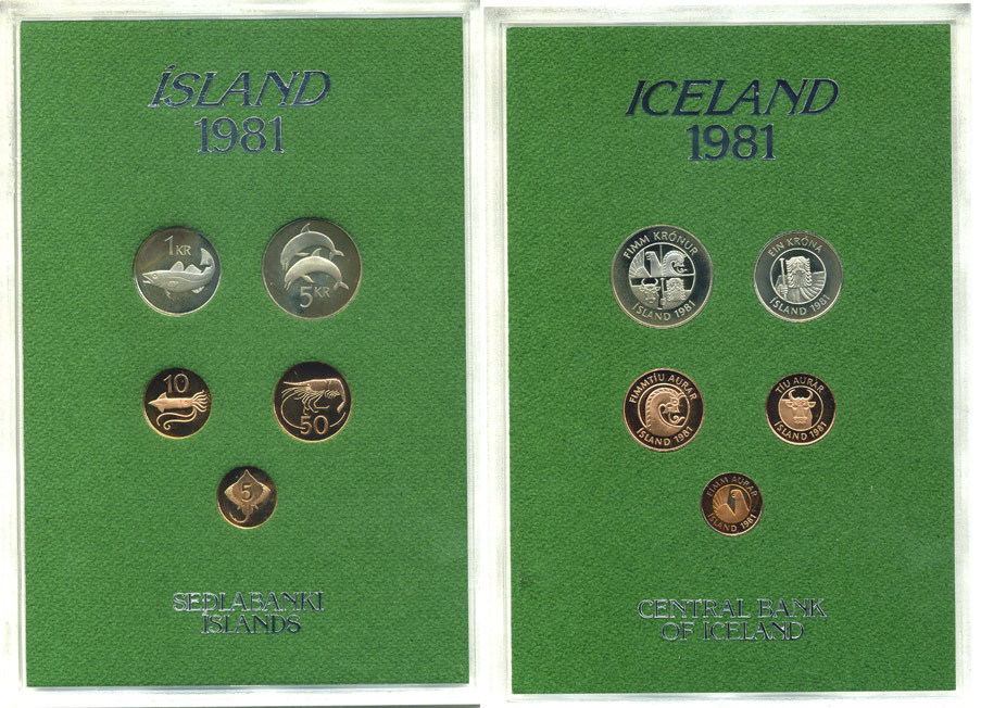 Исландия набор из 5 монет  1981 в оригинальной пластиковой упаковке, с сертификатом, тираж 15000 экземпляров KM PS 4   PROOF 00-00