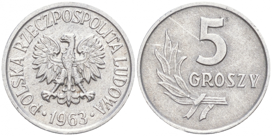 ПОЛЬША 5 ГРОШЕЙ 1963 KM А46 алюминий 100-1048