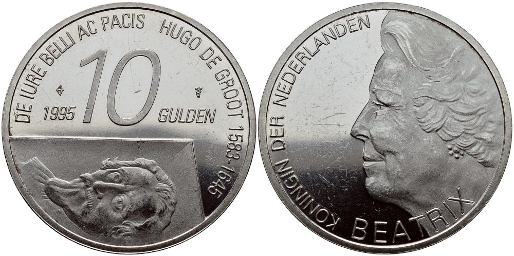 Нидерланды 10 гульденов 1995 300 лет со дня смерти Хьюго Грута, королева Беатрикс KM 220 серебро 1524-941