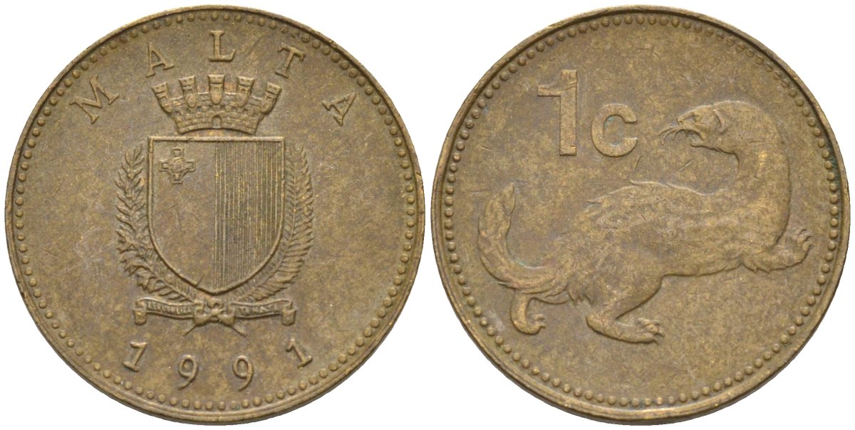 Мальта 1 цент 1991 ласка, горностай KM 93 никель латунь 4585-1164