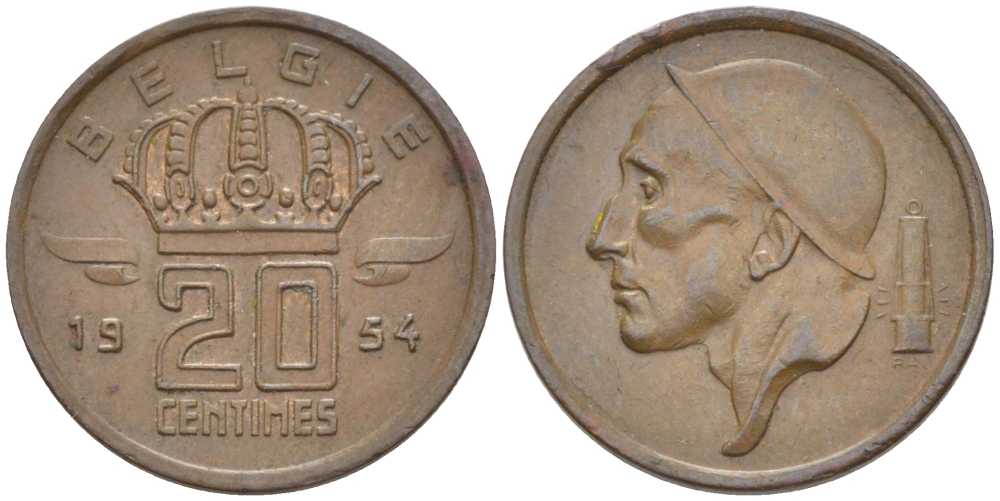 БЕЛЬГИЯ 20 САНТИМОВ 1954 BELGIE, БОДУЭН I (1951-1993) KM 147.1 бронза 116-946