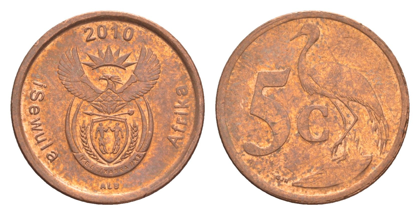 ЮАР 5 центов 2010 герб, райский журавль KM 493 сталь плакированная медью aUNC 4621-734