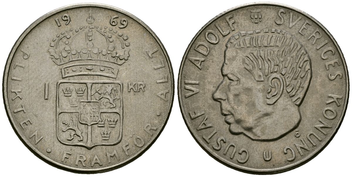 Швеция 1 крона 1969 Густав VI Адольф (1950-1973) KM 826a медь плакированная медно-никелем 4177-1024