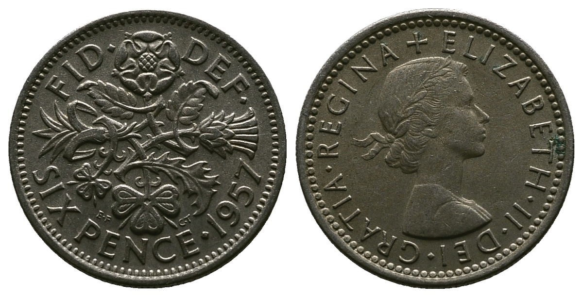 Великобритания 6 пенсов 1957 Елизавета II (1952-2022) KM 903, Spink 4149 медно-никель 4381-658