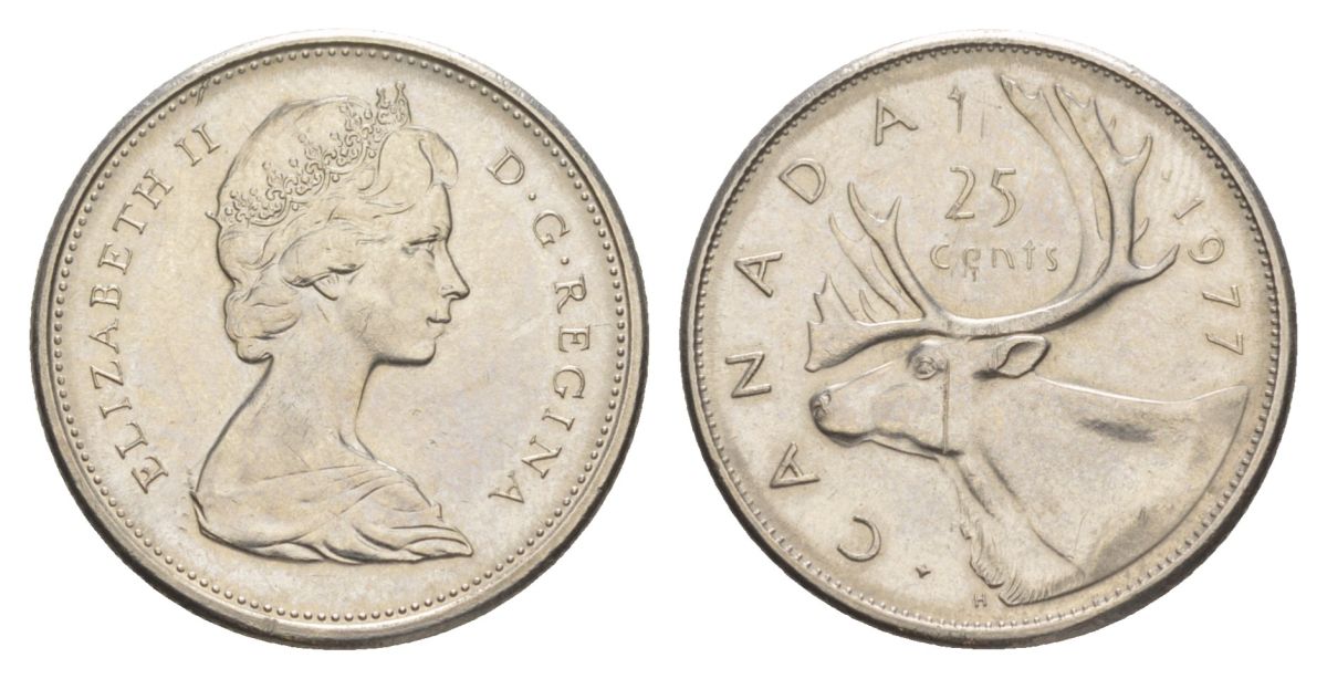 Канада 25 центов 1977 Елизавета II (1952-2022), олень KM 62b никель aUNC 4631-623