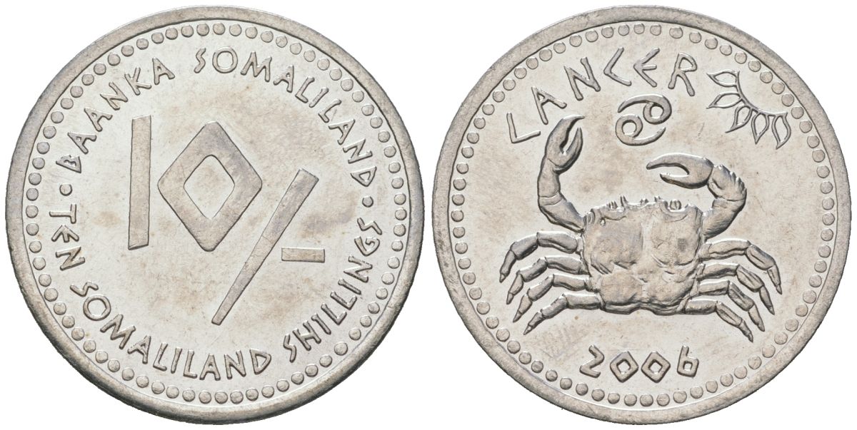 Сомалиленд 10 шиллингов 2006 знаки зодиака - рак KM 12 нержавеющая сталь UNC 4574-926