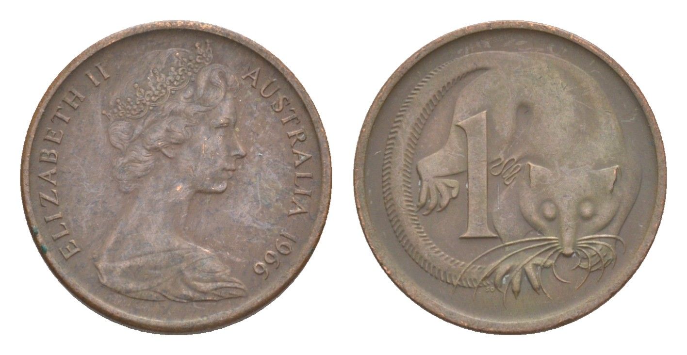 Австралия 1 цент 1966 Елизавета II (1952-2022), молодой портрет, опоссум KM 62 бронза 4588-1169