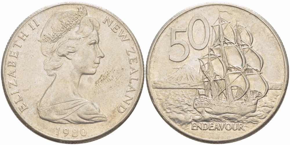 Новая Зеландия 50 центов 1980 Елизавета II (1952-2022), парусник Индевор KM 37.1 медно-никель 215-431