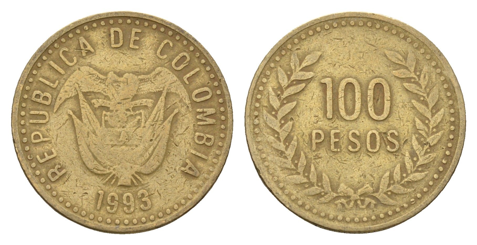 Колумбия 100 песо 1993 KM 285 латунь 4673-1236