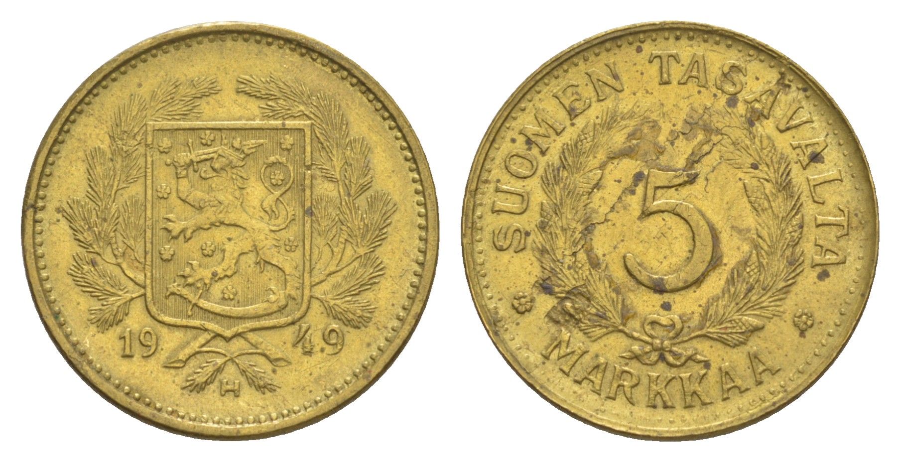 Финляндия 5 марок 1949 KM 31a латунь 4637-435